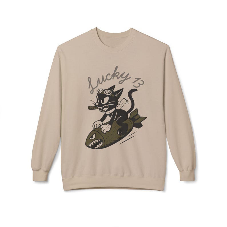 WWII Bomber Nose Art Sweatshirt | Lucky 13 Cartoon Cat Design image 7