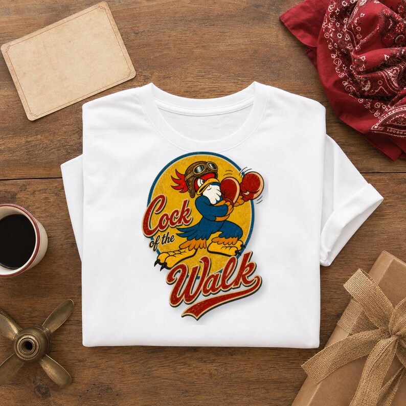 May include: A white t-shirt featuring a graphic of a cartoon rooster wearing a brown aviator helmet and red boxing gloves. The rooster is positioned inside a yellow circle with a blue border. The text "Cock of the Walk" is printed in red.