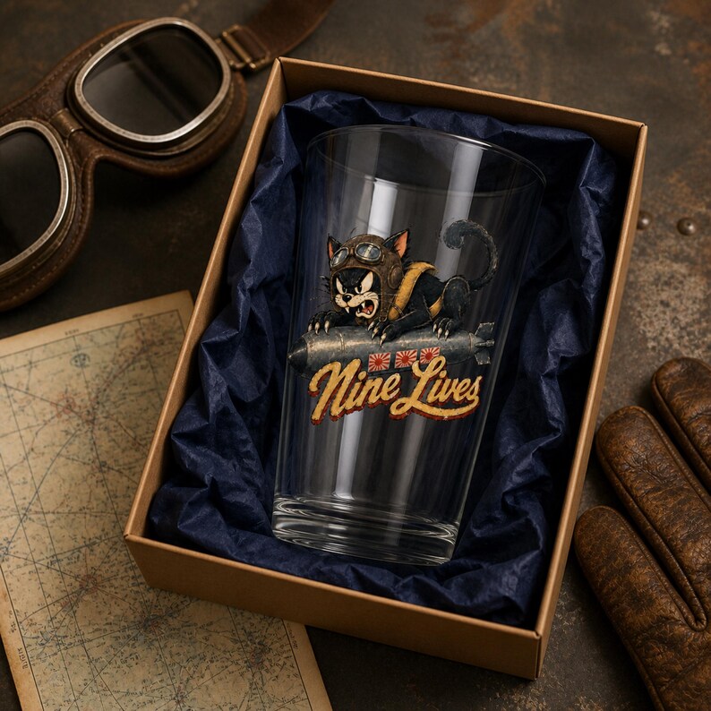 Op de afbeelding: Een helder drinkglas met een afbeelding van een zwarte kat met een vliegeniersbril die op een bom rijdt, met de tekst Nine Lives in een vintage lettertype. Het glas zit in een kartonnen geschenkdoos gevuld met donkerblauw vloeipapier.