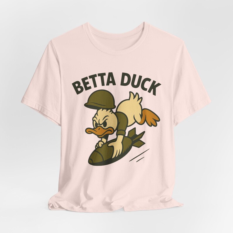 Betta Duck Bomb Rider T-Shirt: Retro Cartoon Military Nose Art Style image 6