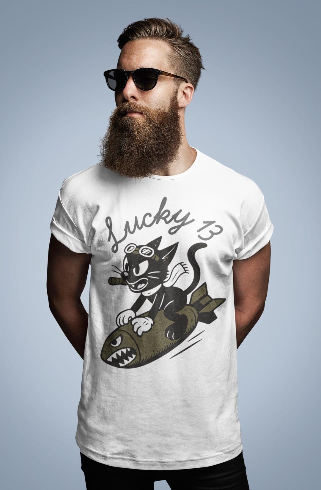 Lucky 13 cartoon black cat WWII bomber nose art design