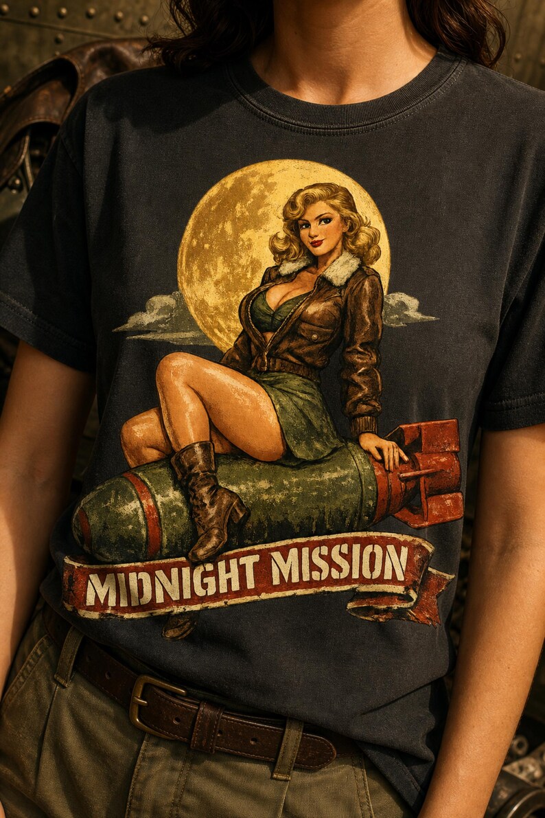 Peut inclure: Un t-shirt gris anthracite avec une impression graphique repr&eacute;sentant une personne aux cheveux blonds portant une veste en cuir marron et une jupe verte, assise sur une bombe verte devant une grande lune jaune. Le texte MIDNIGHT MISSION est imprim&eacute; sur une banni&egrave;re rouge.