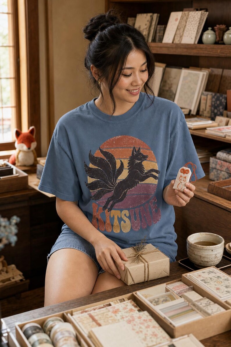 May include: A blue short-sleeved t-shirt featuring a graphic of a black nine-tailed fox leaping in front of a distressed sunset circle. The word KITSUNE is printed in large, retro-style block letters at the bottom of the graphic design.