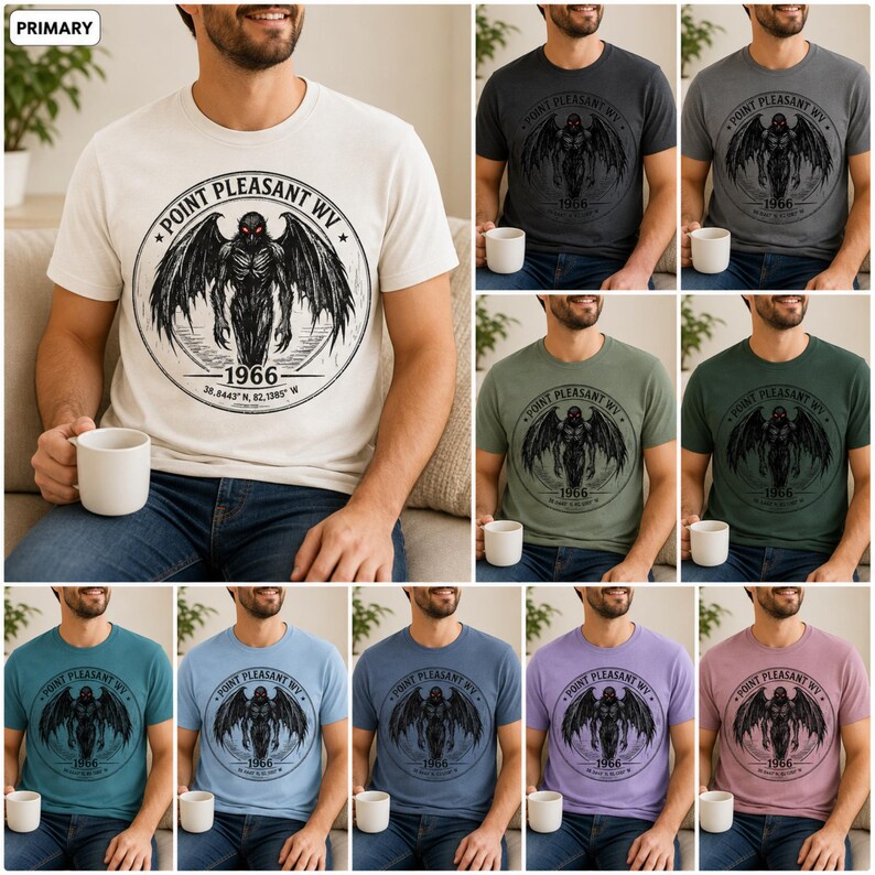 May include: A short-sleeve t-shirt featuring a circular graphic of a winged creature with red eyes. The text reads Point Pleasant WV, 1966, and coordinates 38.8443 N, 82.1385 W. The design is printed in black ink on a solid colored fabric.