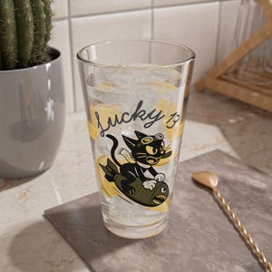Lucky 13 Cat Pint Glass, WWII Nose Art Barware, Vintage Aviation Gift image 4