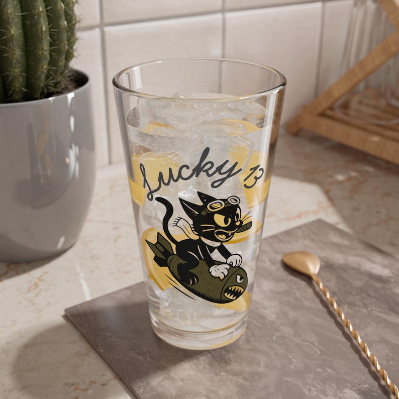 Lucky 13 Cat Pint Glass, WWII Nose Art Barware, Vintage Aviation Gift image 4