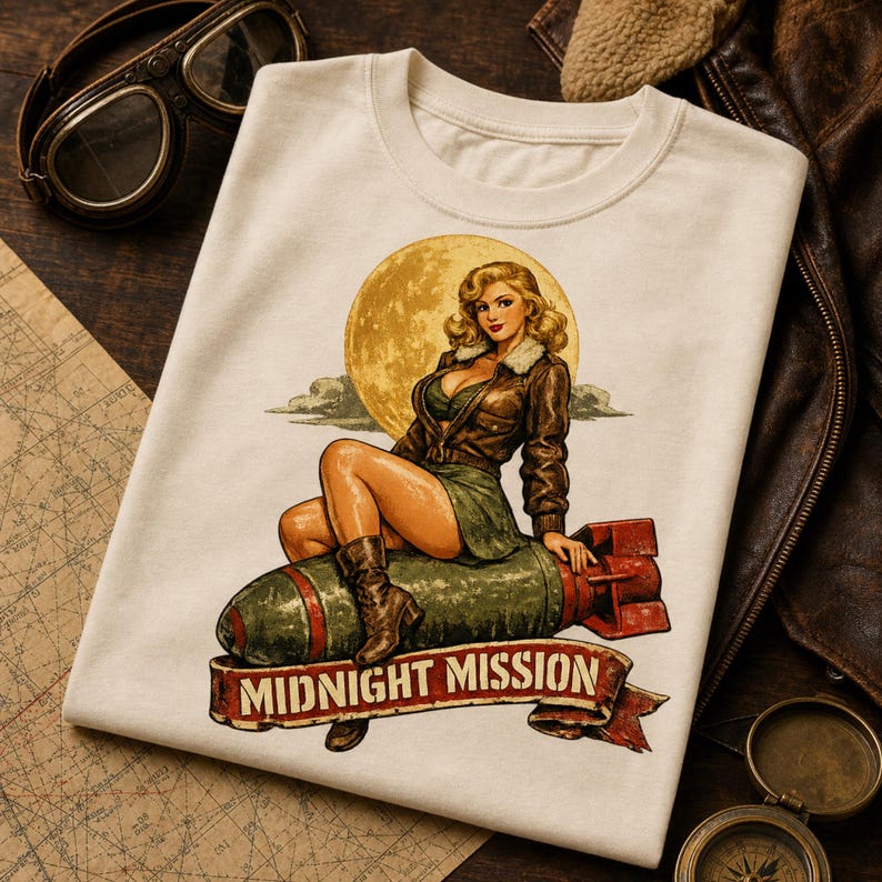 Peut inclure: Un t-shirt couleur cr&egrave;me avec une illustration graphique repr&eacute;sentant une personne aux cheveux blonds portant une veste en cuir marron et une jupe verte, assise sur une bombe verte et rouge devant une lune jaune, avec le texte MIDNIGHT MISSION.