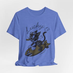WWII Bomber Nose Art T-Shirt | Lucky 13 Cartoon Cat | Vintage Aviation Pilot Gift image 12
