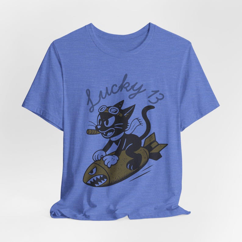 WWII Bomber Nose Art T-Shirt | Lucky 13 Cartoon Cat | Vintage Aviation Pilot Gift image 12