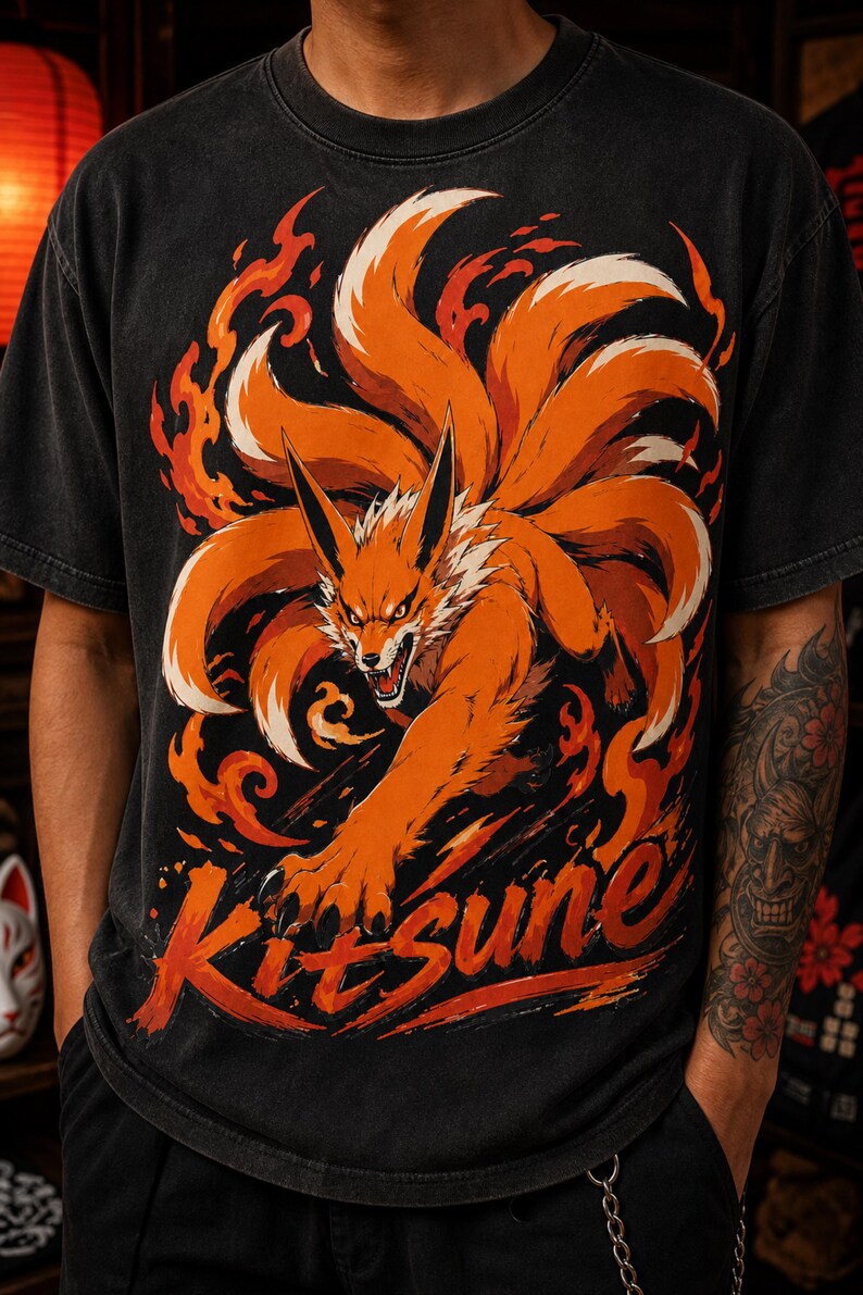 K&ouml;nnte beinhalten: Ein schwarzes T-Shirt mit kurzen &Auml;rmeln und einem Grafikdruck eines orangefarbenen neunschw&auml;nzigen Fuchses, der von stilisierten orangefarbenen und roten Flammen umgeben ist. Das Wort Kitsune ist in einer Pinselstrich-Schrift in Orange und Rot gedruckt.