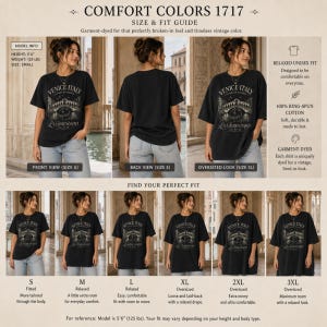 May include: A black Comfort Colors 1717 unisex t-shirt featuring a graphic of the Rialto Bridge in Venice, Italy, with the text Venice Italy La Serenissima. The image displays a size and fit guide with multiple views and size comparisons.