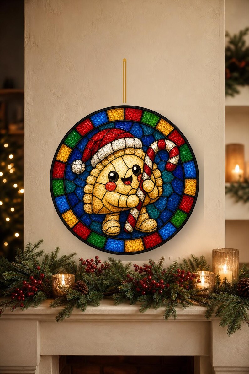 May include: A circular stained glass wall hanging featuring a smiling dumpling character wearing a red and white Santa hat and holding a red and white striped candy cane. The border consists of alternating red, blue, green, and yellow glass tiles.