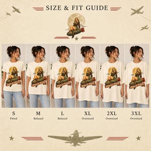 Peut inclure: Un guide des tailles pour un t-shirt cr&egrave;me avec un motif repr&eacute;sentant une personne assise sur une bombe et le texte Midnight Mission. Le tableau pr&eacute;sente six variantes du t-shirt, de la taille S &agrave; 3XL, class&eacute;es comme ajust&eacute;es, d&eacute;contract&eacute;es ou larges.