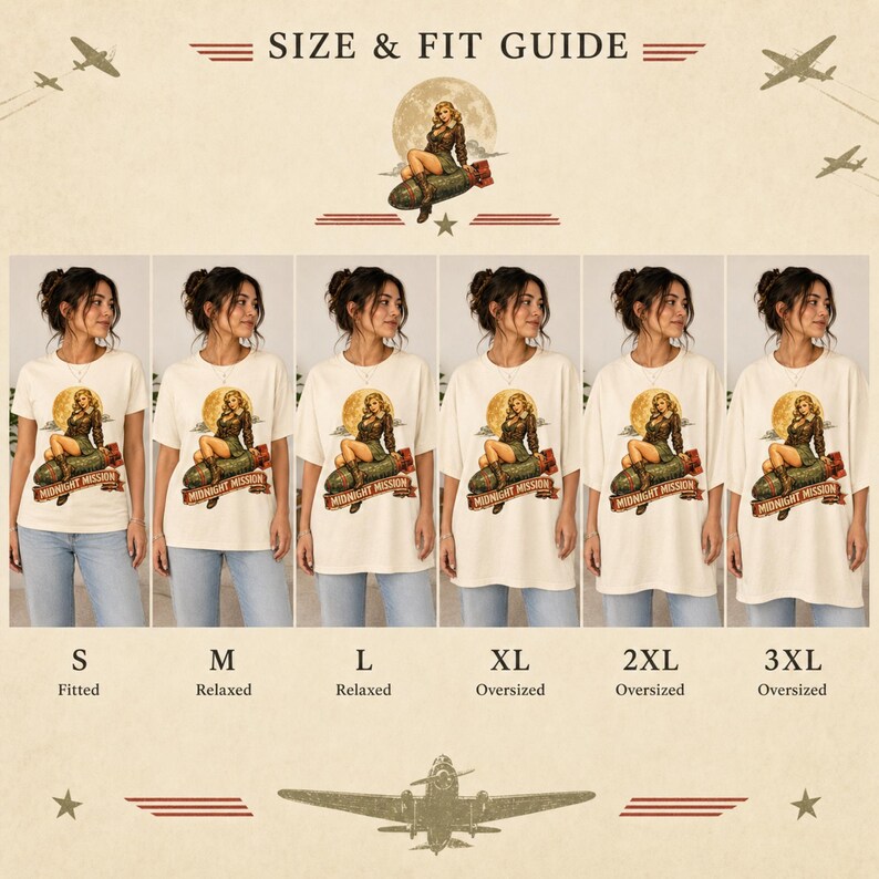 Peut inclure: Un guide des tailles pour un t-shirt cr&egrave;me avec un motif repr&eacute;sentant une personne assise sur une bombe et le texte Midnight Mission. Le tableau pr&eacute;sente six variantes du t-shirt, de la taille S &agrave; 3XL, class&eacute;es comme ajust&eacute;es, d&eacute;contract&eacute;es ou larges.