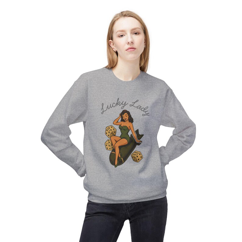 Vintage Pin Up Sweatshirt, WWII Nose Art Crewneck, Rockabilly Bombshell Aviation Top image 4