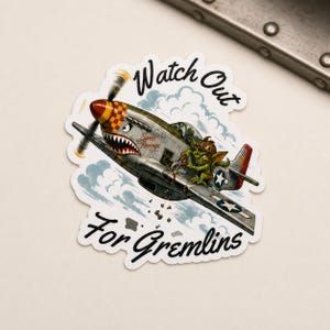 WWII Nose Art Gremlin Sticker, Vintage Warbird Aviation Decal, Pilot Gift image 2