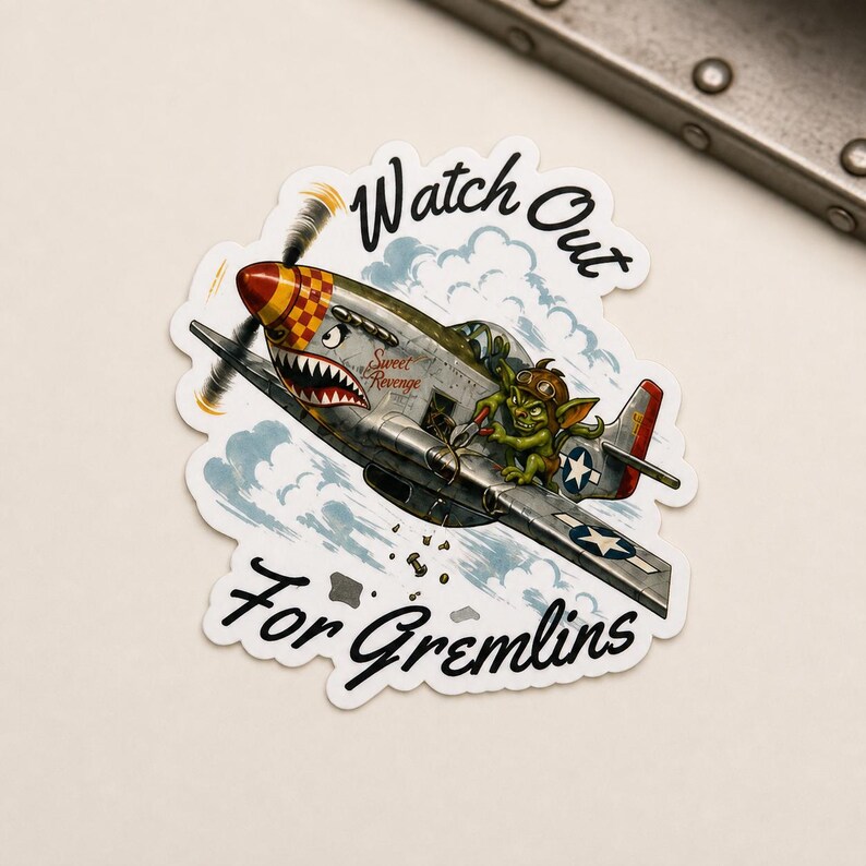 WWII Nose Art Gremlin Sticker, Vintage Warbird Aviation Decal, Pilot Gift image 2