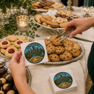 Pu&ograve; includere: Un tovagliolo quadrato bianco con una grafica circolare che mostra un'illustrazione in stile vetrata dello skyline di Pittsburgh, un ponte giallo e un piatto di biscotti, con il testo Pittsburgh Cookie Table stampato in nero e blu.