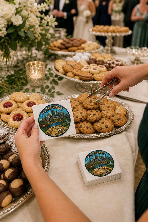 Pittsburgh Cookie Table Napkins, Stained Glass Skyline Art, Yinzer Bridal Shower Decor