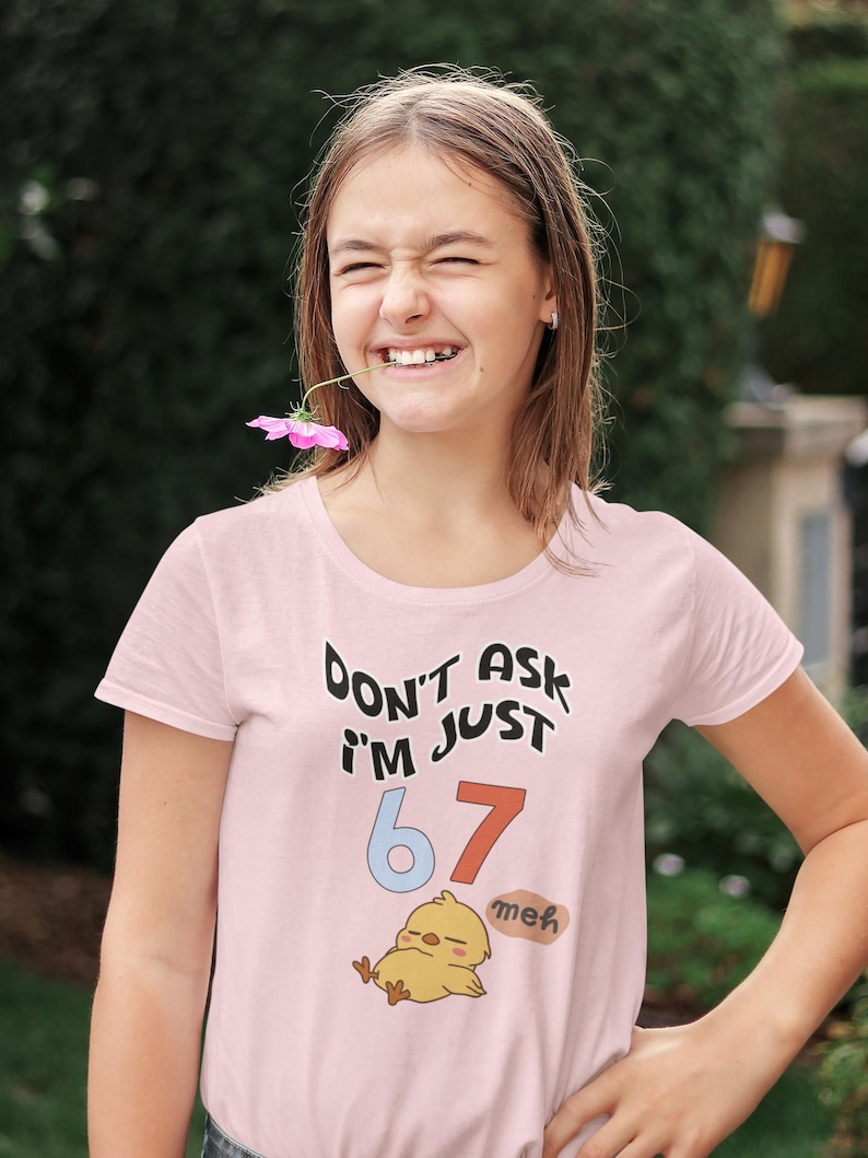 Puede incluir: Camiseta rosa claro con el texto "DON'T ASK I'M JUST 67 meh" y una ilustraci&oacute;n de pollito de dibujos animados. La camiseta es de cuello redondo.