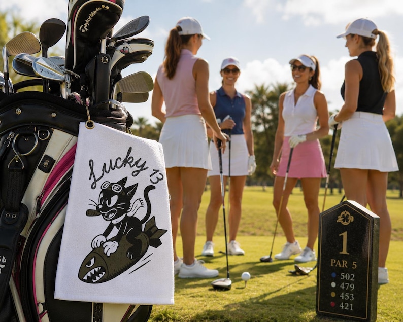 May include: A white golf towel hanging from a black and white golf bag, featuring a black graphic of a cartoon cat riding a bomb with the text Lucky 13. The towel is positioned in the foreground with a golf course and four golfers in the background.