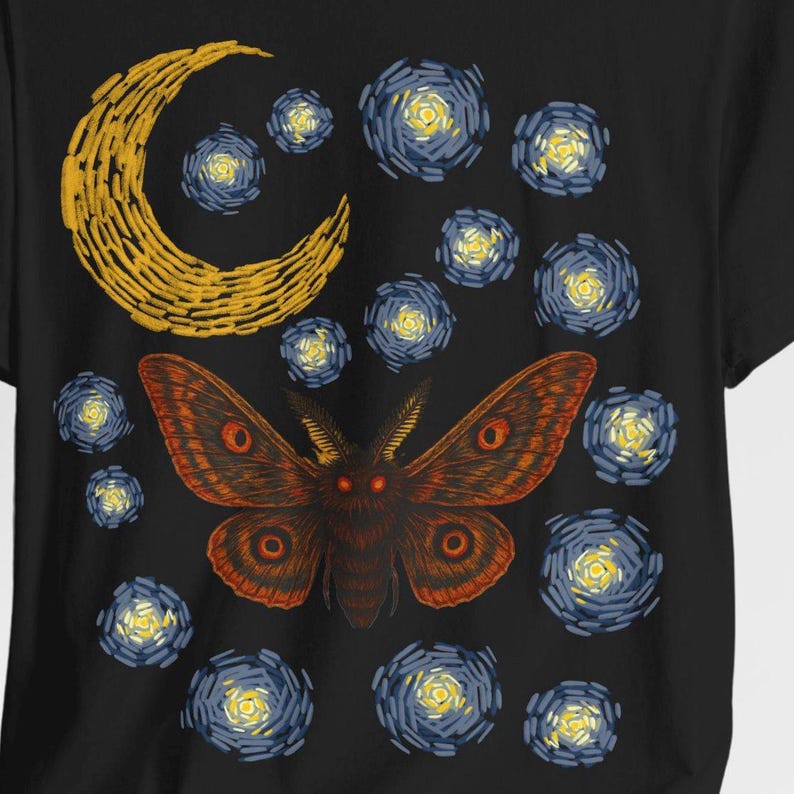 Moth Shirt | Gothic Starry Night | Van Gogh Inspired Insect Moon image 9