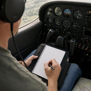 May include: A black spiral-bound notebook held in a black zippered cover, featuring lined white paper. The notebook is positioned inside the cockpit of a small aircraft, with the pilot wearing black headphones and writing with a black pen.