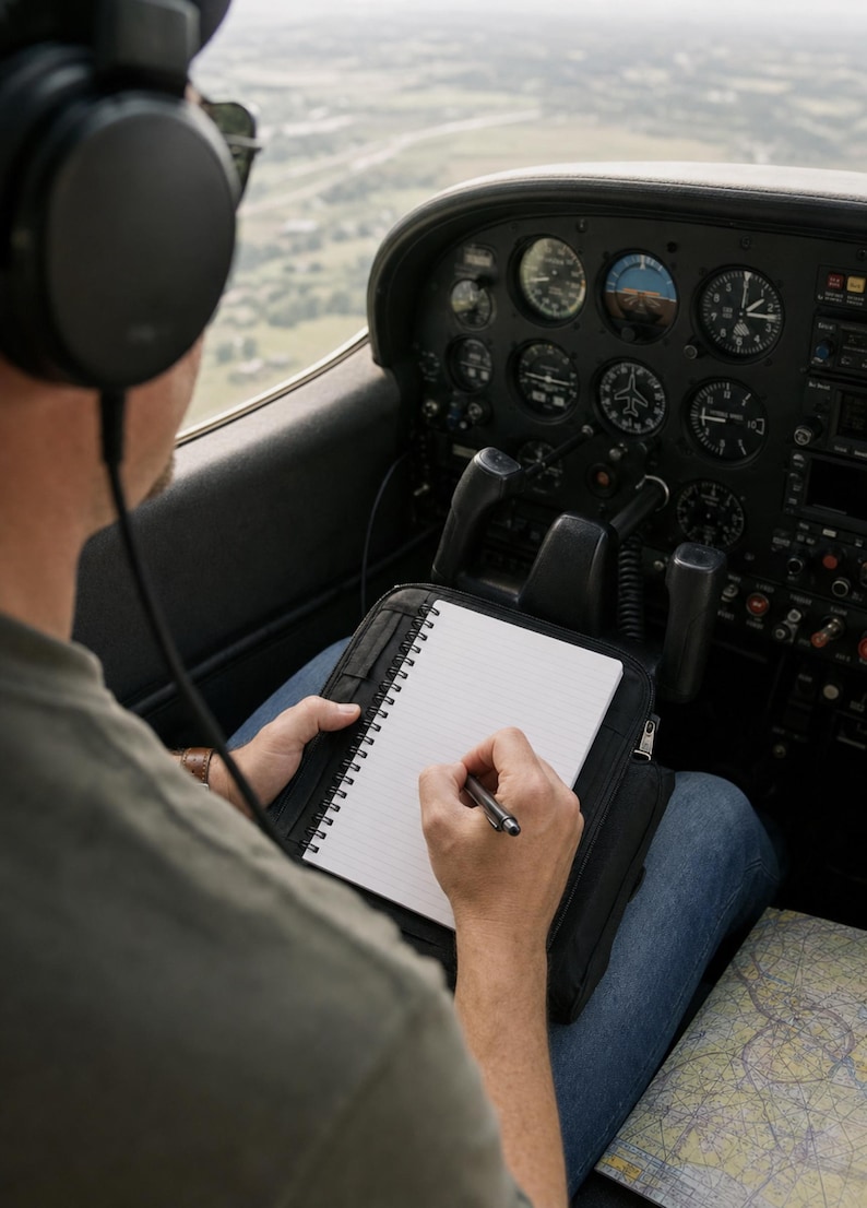 May include: A black spiral-bound notebook held in a black zippered cover, featuring lined white paper. The notebook is positioned inside the cockpit of a small aircraft, with the pilot wearing black headphones and writing with a black pen.