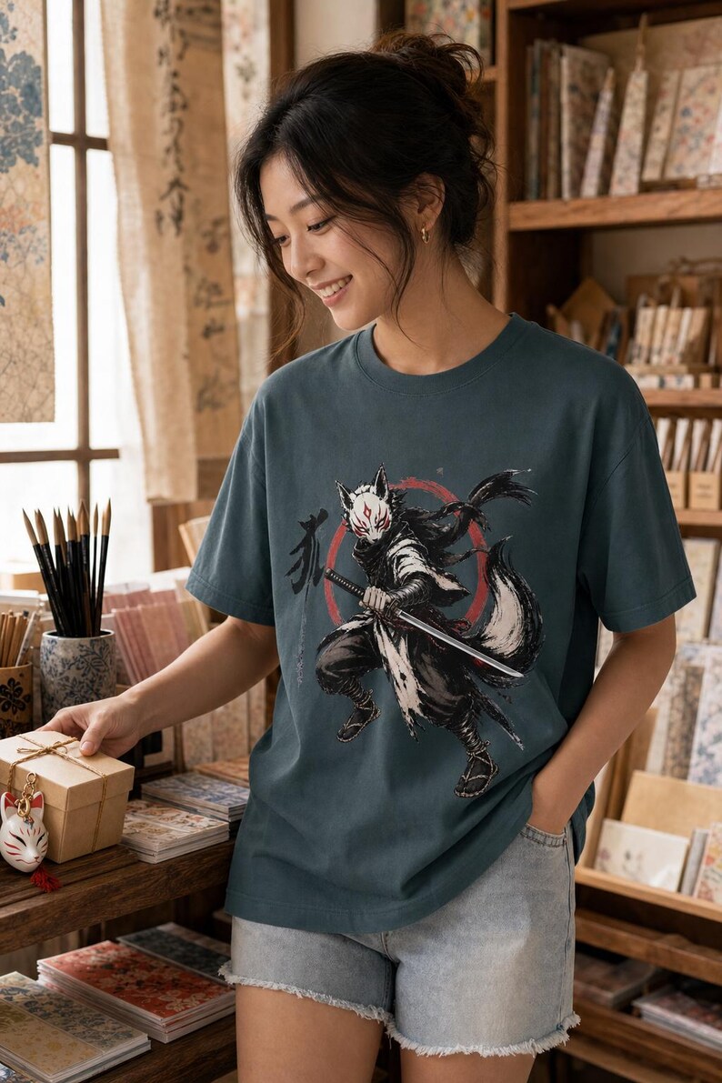 May include: A dark teal short-sleeve t-shirt featuring a graphic print of a stylized fox warrior wearing a white mask and holding a katana sword. The design includes a red circular background element and black Japanese calligraphy characters.