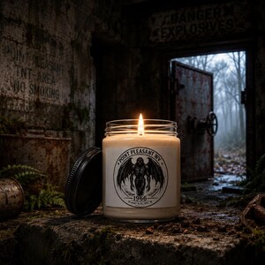 May include: A clear glass jar candle with a lit wick and a black lid. The white label features a circular black graphic of a winged creature with the text Point Pleasant WV, 1966, and coordinates. The candle sits on a rough, dark stone surface.