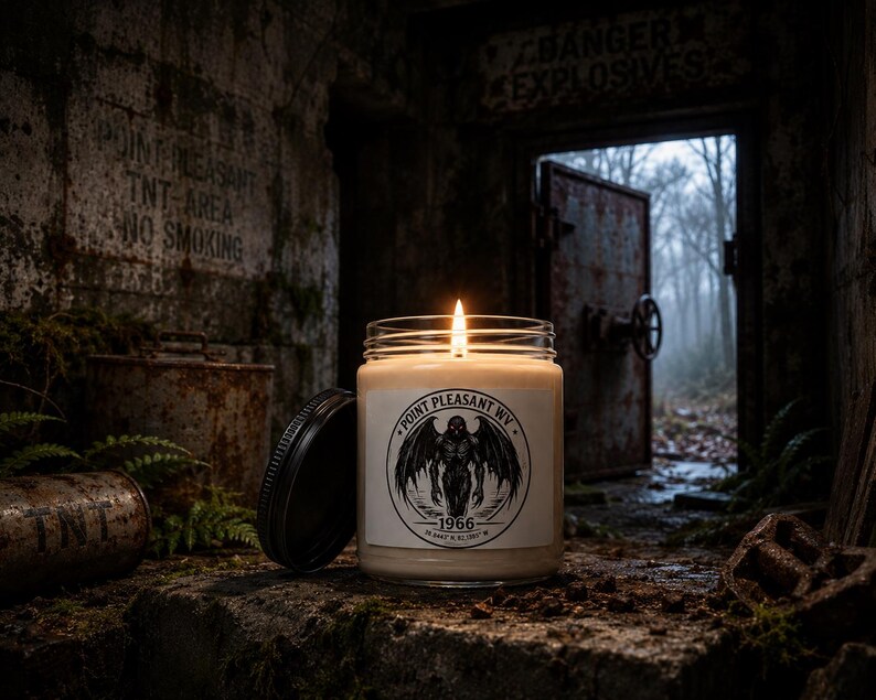 May include: A clear glass jar candle with a lit wick and a black lid. The white label features a circular black graphic of a winged creature with the text Point Pleasant WV, 1966, and coordinates. The candle sits on a rough, dark stone surface.