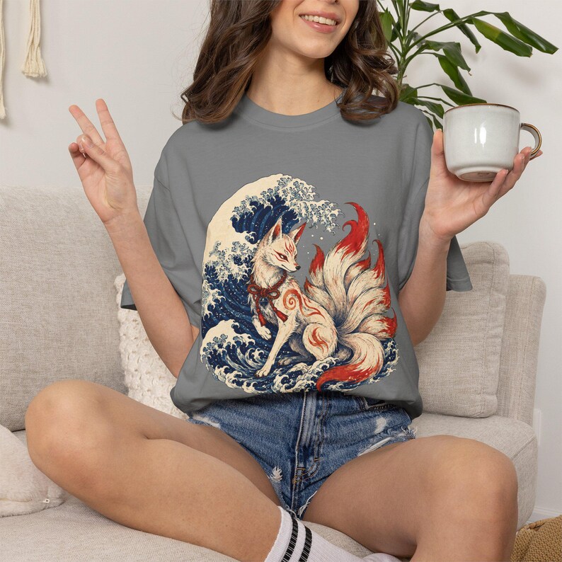 Kitsune Shirt, Japanese Fox Spirit, Ukiyo-e Wave Art, Folklore Tee image 8