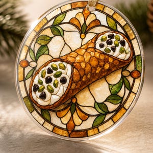 May include: A round, clear acrylic ornament featuring a stained-glass style illustration of a cannoli filled with white cream, dark chocolate chips, and green pistachios. The background has a geometric pattern in shades of amber, cream, and green.