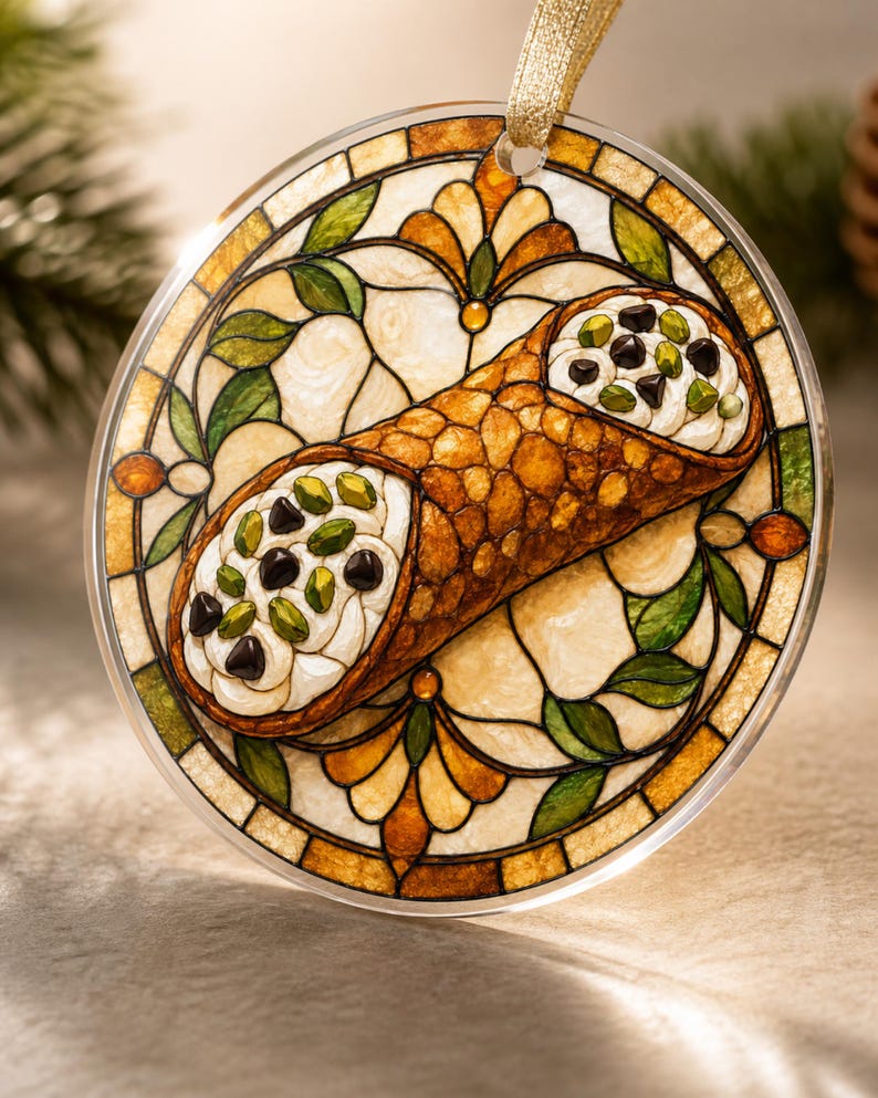 May include: A round, clear acrylic ornament featuring a stained-glass style illustration of a cannoli filled with white cream, dark chocolate chips, and green pistachios. The background has a geometric pattern in shades of amber, cream, and green.