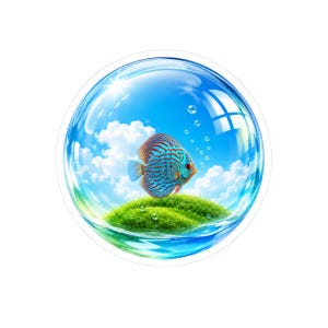 May include: A circular sticker featuring a blue discus fish swimming above a small, vibrant green grassy hill. The scene is encased within a transparent bubble against a bright blue sky filled with white clouds and rising air bubbles.