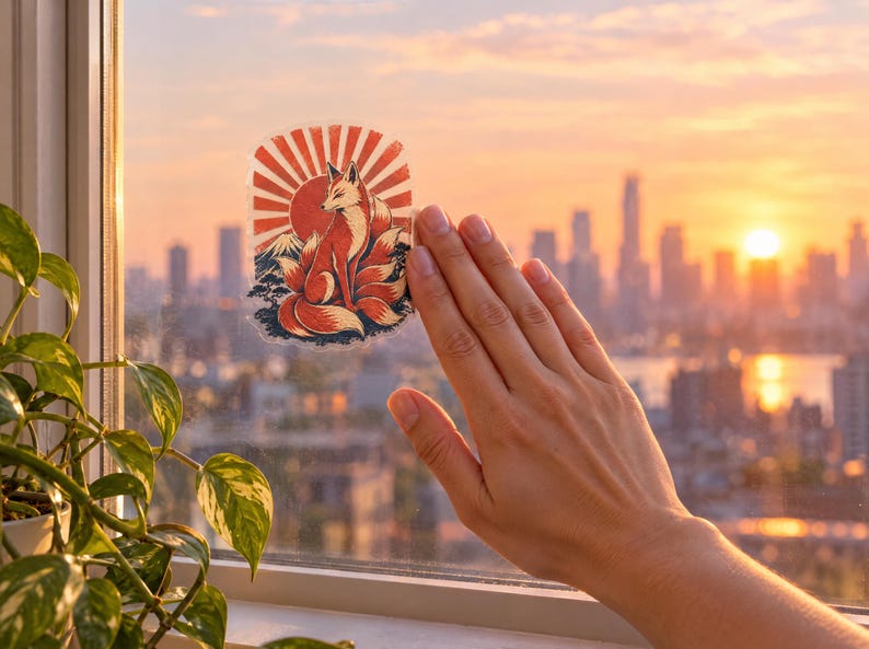 May include: A clear adhesive sticker featuring a multi-tailed fox sitting in front of a red sunburst pattern, a mountain silhouette, and small pine trees. The sticker is applied to a glass window pane with a city skyline visible in the background.