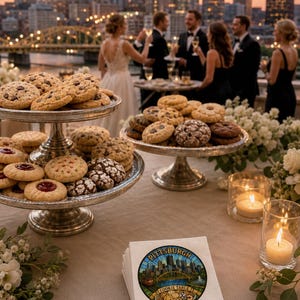 Pu&ograve; includere: Una pila di tovaglioli di carta bianchi con una grafica circolare dello skyline di Pittsburgh, un ponte giallo e un piatto di biscotti, con il testo Pittsburgh Cookie Table stampato in lettere nere e blu sulla parte anteriore.