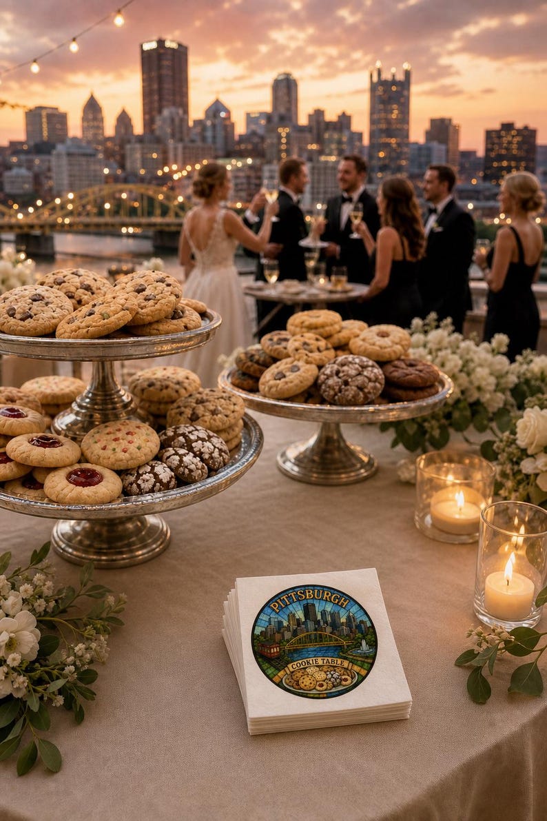 Pu&ograve; includere: Una pila di tovaglioli di carta bianchi con una grafica circolare dello skyline di Pittsburgh, un ponte giallo e un piatto di biscotti, con il testo Pittsburgh Cookie Table stampato in lettere nere e blu sulla parte anteriore.