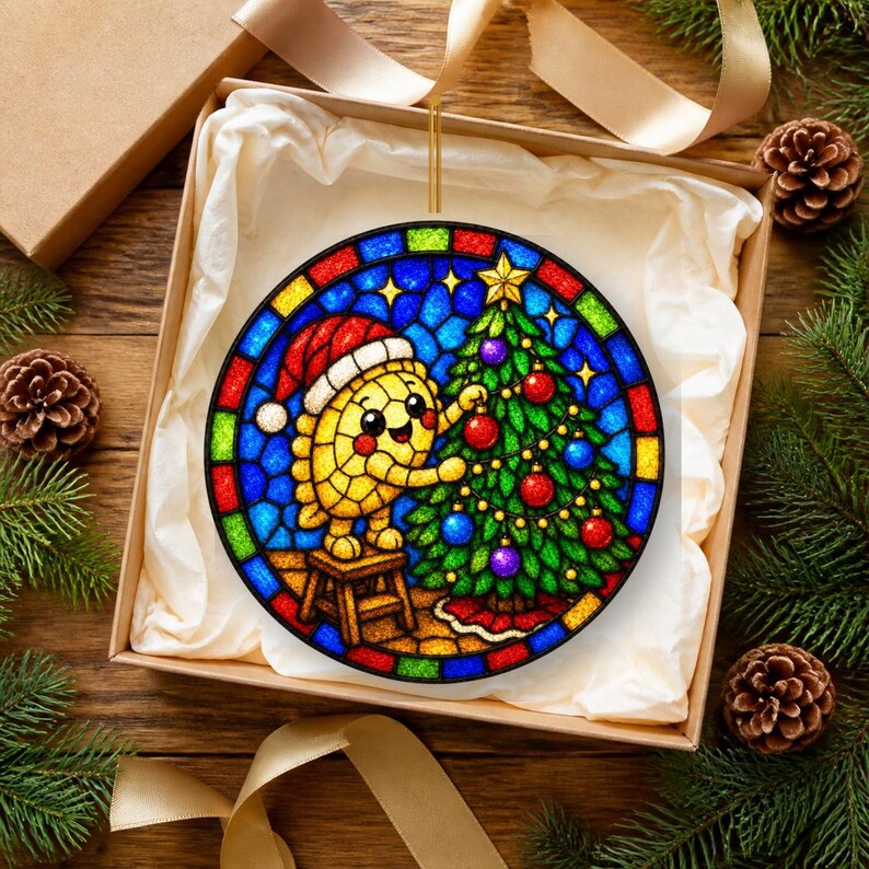 Puede incluir: Un adorno circular estilo vidriera que muestra un personaje de masa amarilla con un gorro de Pap&aacute; Noel rojo, de pie sobre un peque&ntilde;o taburete de madera decorando un &aacute;rbol de Navidad verde con adornos rojos y azules sobre un fondo azul.