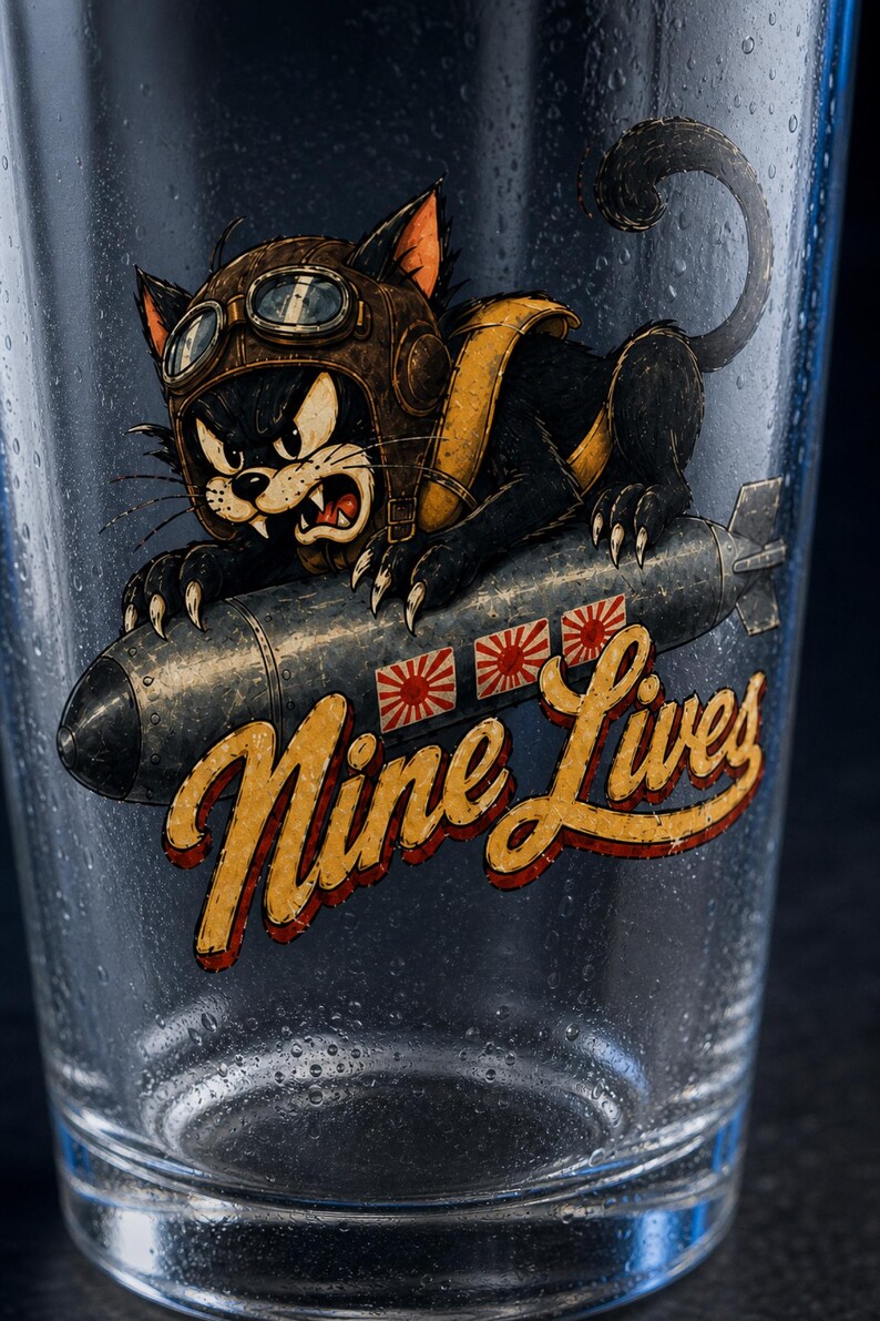 Op de afbeelding: Een helder glazen beker met een afbeelding van een zwarte kat met een bruine vliegeniershelm en bril, rijdend op een grijze bom. De bom toont drie rood-witte zonne-emblemen. De tekst Nine Lives is in het geel en rood op het glas gedrukt.