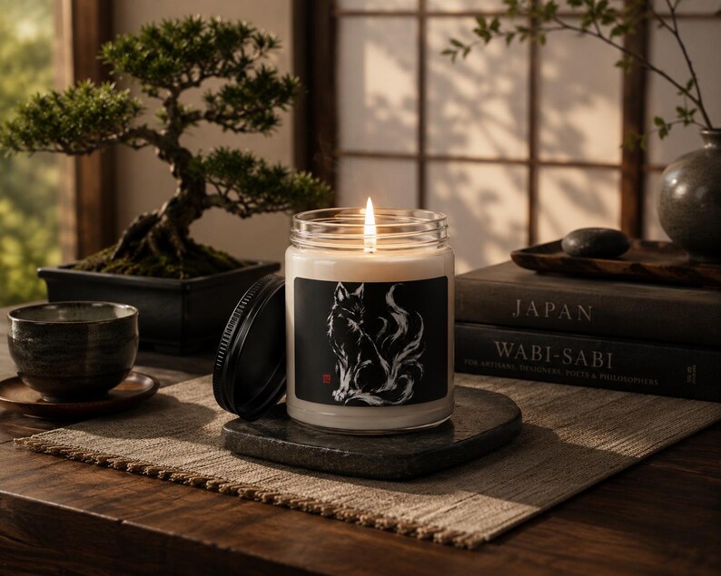 May include: A clear glass jar candle with a lit wick and a black lid resting beside it. The label features a white ink illustration of a multi-tailed fox on a black background. The candle sits on a dark stone coaster on a woven fabric mat.
