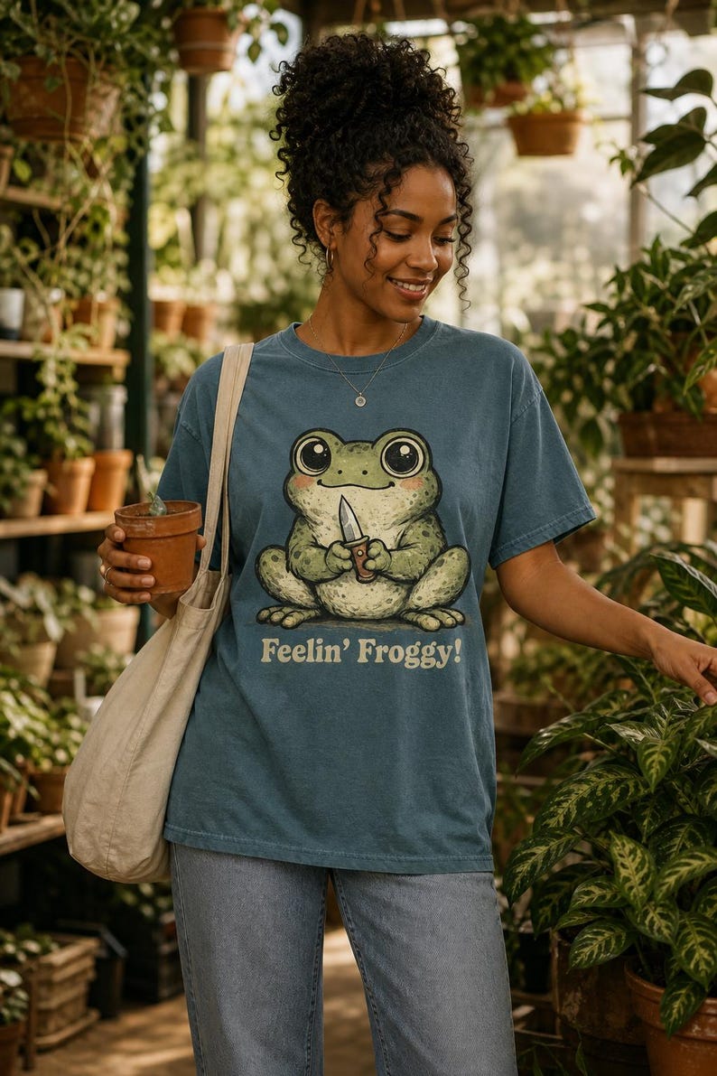Może przedstawiać: Niebieski t-shirt z kr&oacute;tkim rękawem z grafiką zielonej żaby trzymającej mały n&oacute;ż oraz napisem "Feelin' Froggy!" pod ilustracją. Koszulka ma okrągły dekolt, luźny kr&oacute;j i jest zestawiona z beżową torbą pł&oacute;cienną typu tote.