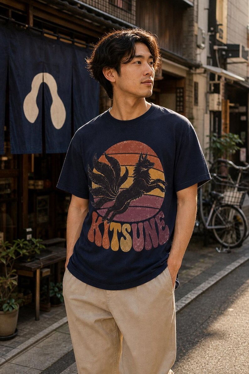 May include: A navy blue short-sleeve t-shirt featuring a graphic print of a black nine-tailed fox leaping in front of a sunset circle. The word KITSUNE is printed in a bold, retro-style font below the fox, with a distressed texture throughout.