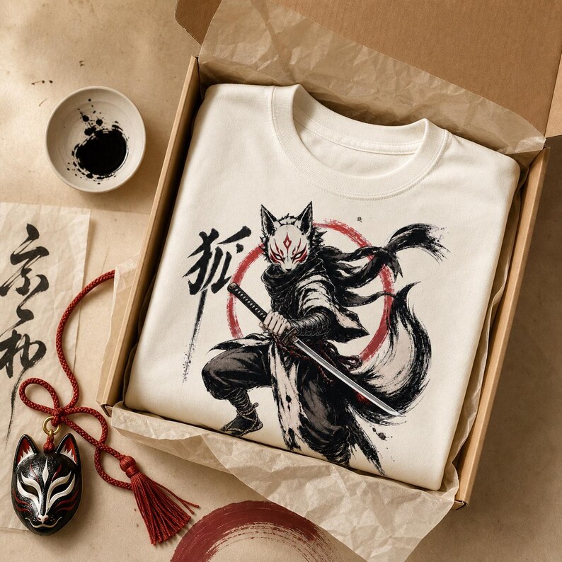 May include: A cream-colored t-shirt featuring a graphic of a fox-masked warrior holding a katana, with a red circle and the Japanese kanji for fox. The shirt is inside a cardboard box with a small black and white fox mask pendant nearby.