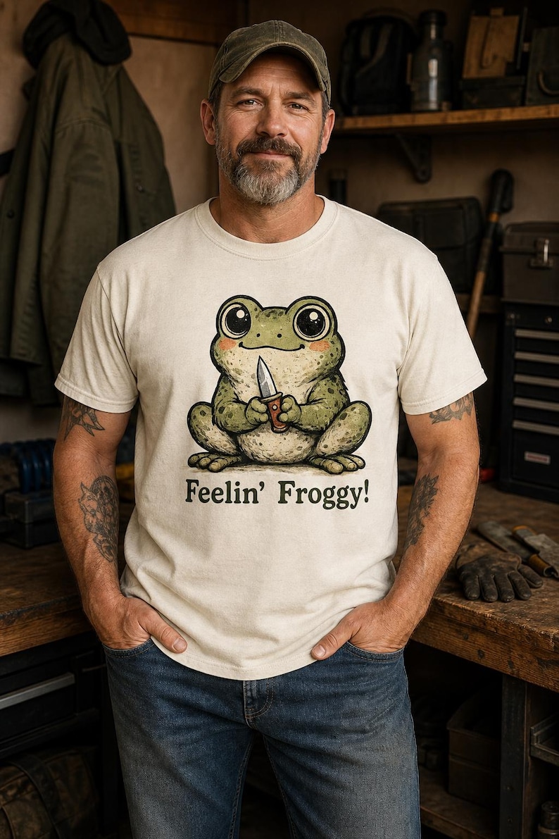 Może przedstawiać: Kremowy t-shirt z kr&oacute;tkim rękawem z grafiką zielonej żaby trzymającej mały n&oacute;ż. Pod żabą znajduje się napis "Feelin' Froggy!" w ciemnobrązowym kolorze. Koszulka posiada okrągły dekolt i standardowy kr&oacute;j.
