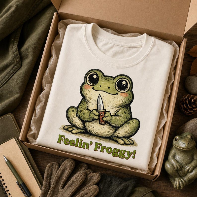 Może przedstawiać: Kremowy t-shirt z grafiką przedstawiającą zieloną żabę z dużymi oczami trzymającą mały n&oacute;ż. Pod żabą znajduje się zielony napis "Feelin' Froggy!". Koszulka jest złożona w kartonowym pudełku wyłożonym pogniecionym papierem pakowym.