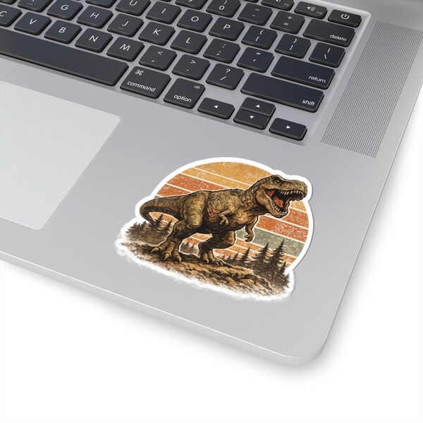 Retro T-Rex Sticker, Vintage Dinosaur Sunset Kiss-Cut Vinyl Decal