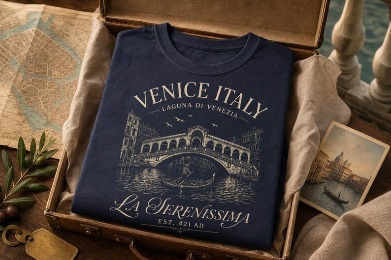 May include: A navy blue t-shirt featuring a cream-colored graphic of the Rialto Bridge in Venice, Italy. The text reads VENICE ITALY, LAGUNA DI VENEZIA, LA SERENISSIMA, and EST. 421 AD. The design includes a gondola, birds, and architectural details.