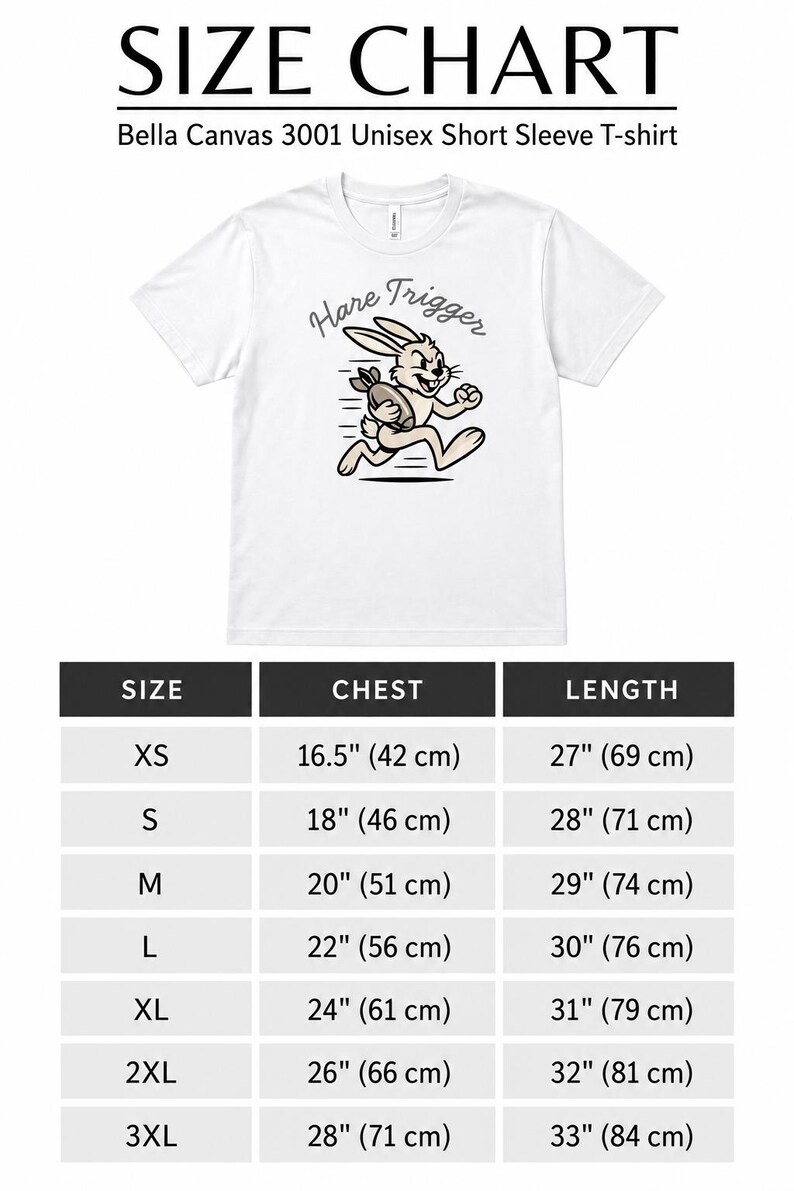 Puede incluir: Una camiseta blanca de manga corta con un gr&aacute;fico de un conejo corriendo que sostiene una granada con el texto Hare Trigger. Debajo de la camiseta hay una tabla de tallas que enumera las medidas de pecho y largo en cent&iacute;metros de 42 a 71 cm.