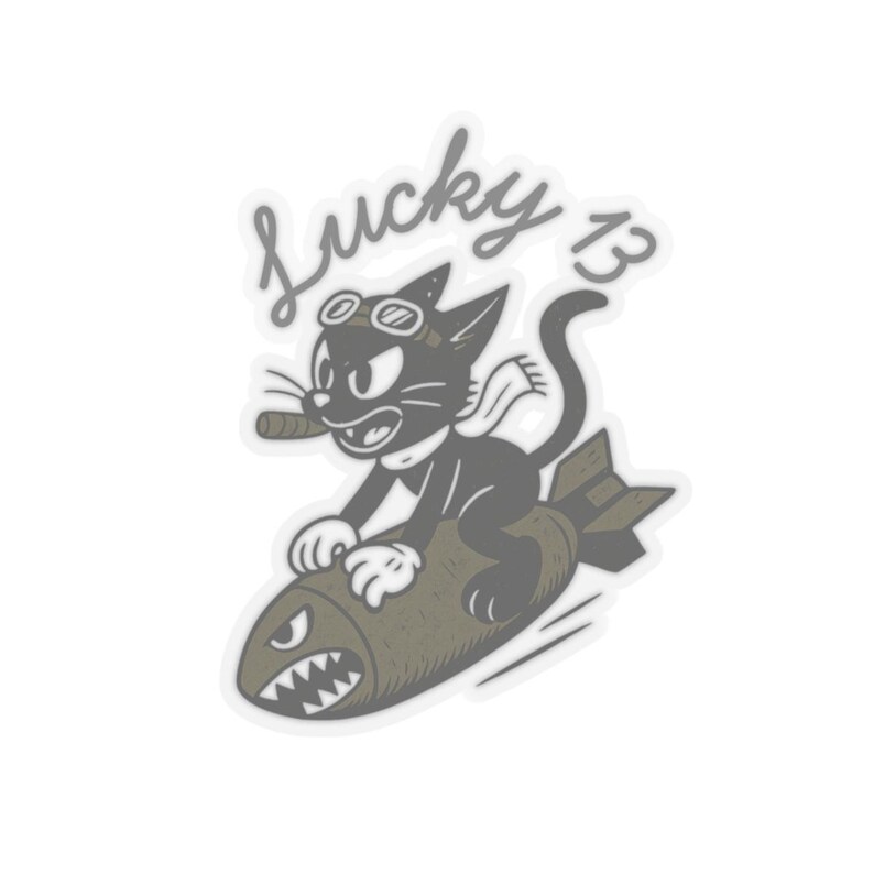 Lucky 13 Cartoon Cat Sticker - WWII bomber nose art vintage tattoo - SunSpun Creations